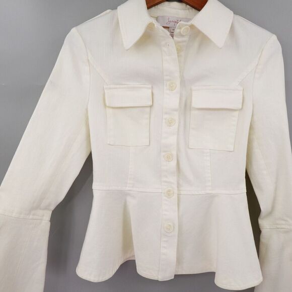 Scripted Peplum Jacket Womens XS Cream Flared Sleeve Canvas Fitted Mod 70s Retro - Picture 7 of 16